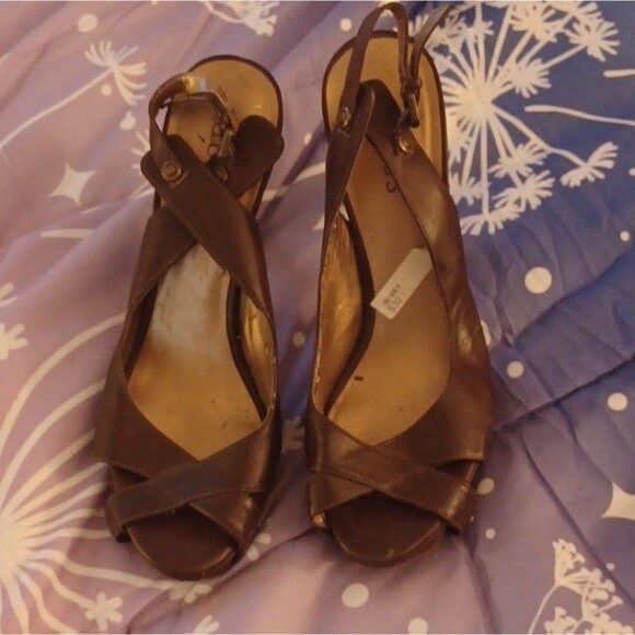 Shoes - GUESS Brown Buckle Strappy Stiletto Open Toe Ankle Strap Women's Heel